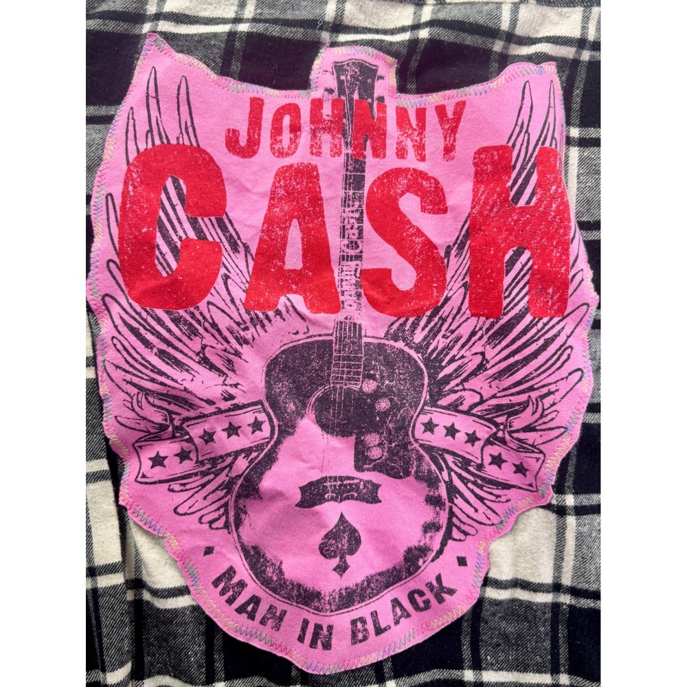 RSQ Johnny Cash‎ Man in Black Hooded Flannel Shirt Mens XL Black White Plaid